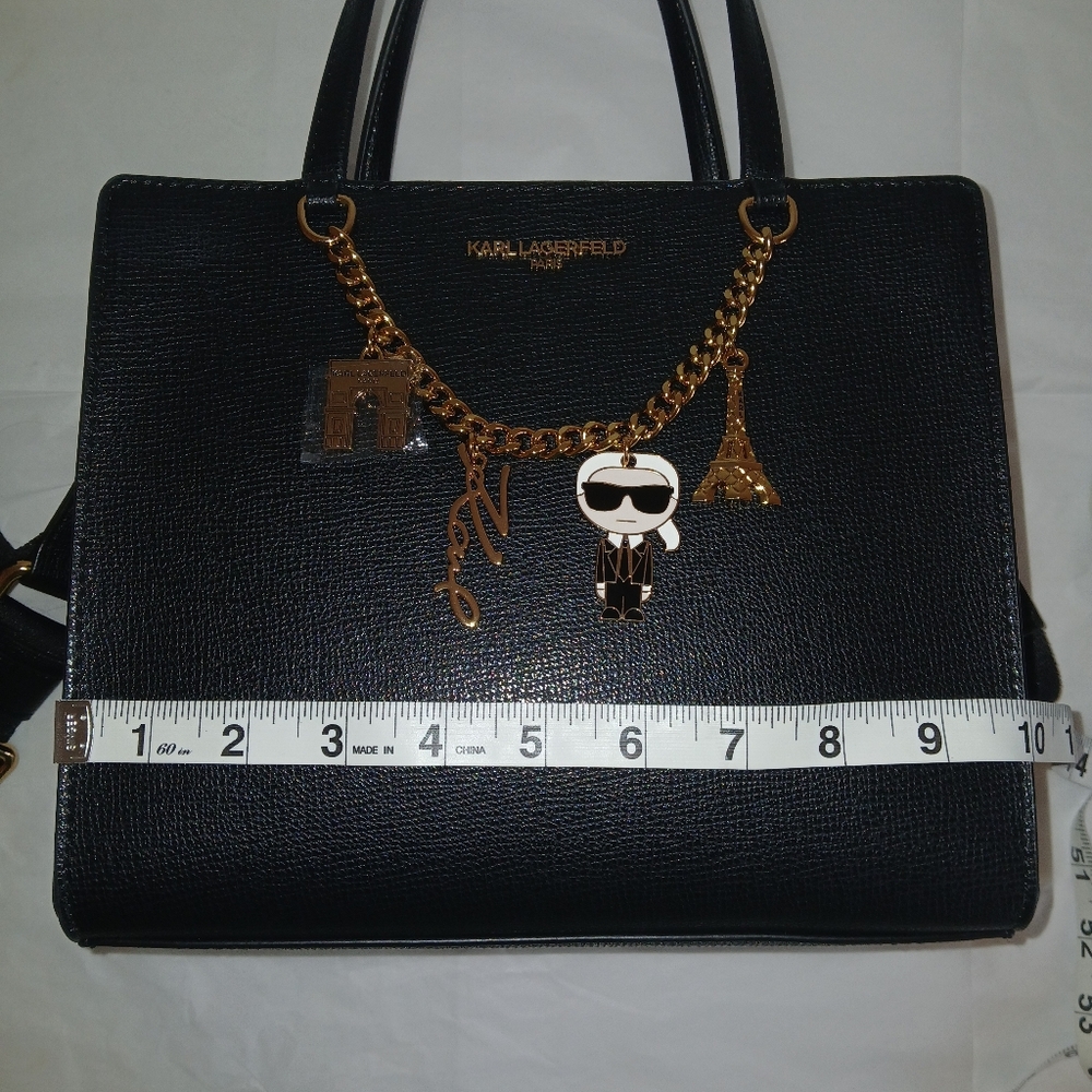 Karl Lagerfeld Maybelle Crossbody Satchel, Ikonik Paris Charms, Black, Gold - Picture 3 of 11